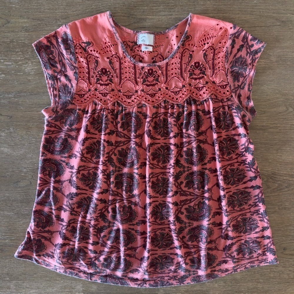 Anthropologie Postmark Penelope Boho Printed Eyelet Blouse-Cotton Flowy Top-Sz M